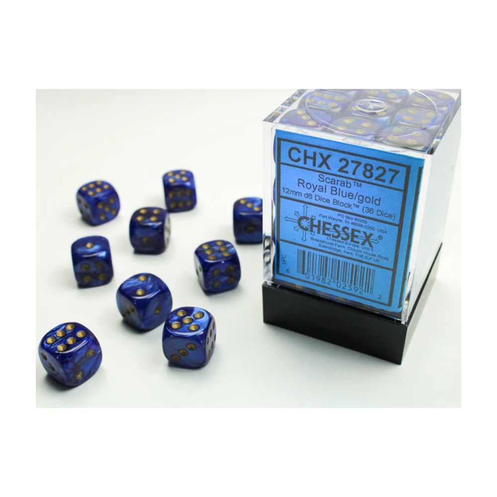Chessex Scarab Dice 12mm 36D6 - Royal Blue/Gold